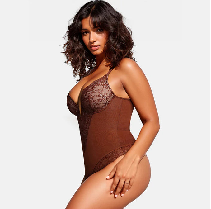 Deep-V Neck Lace Thong Bodysuit