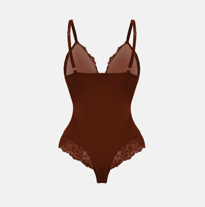 Deep-V Neck Lace Thong Bodysuit